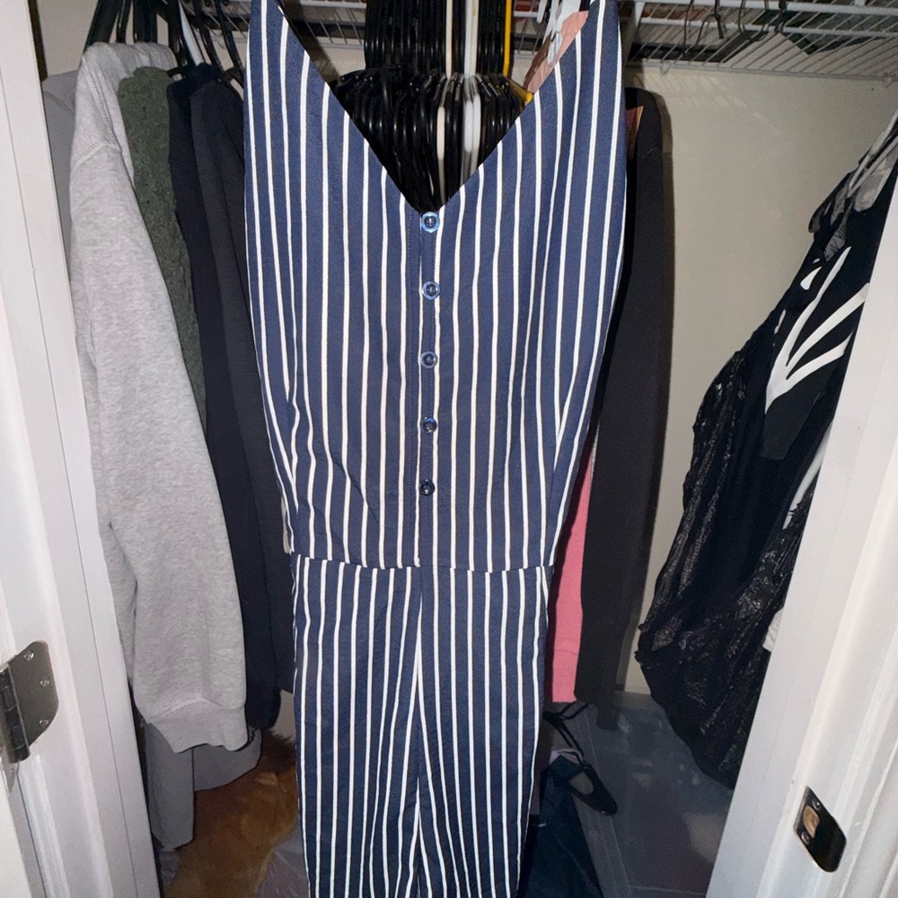 Sweet Wanderer Navy and White Striped Jumpsuit